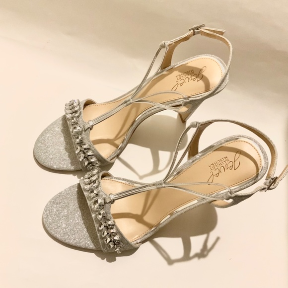 BADGLEY MISCHKA Peaches Crystal Adorned Glitter Stilettos Silver Dress Sandal 10 - Picture 9 of 13